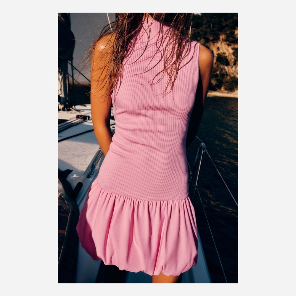 Zara Ribbed Balloon Dress in Pink